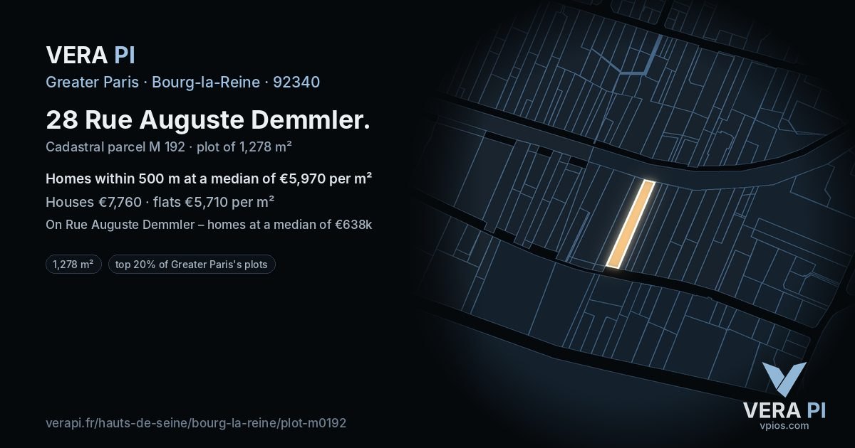 28 Rue Auguste Demmler, Bourg-la-Reine at night – the plot lit, the parcels around coloured by the prices near them