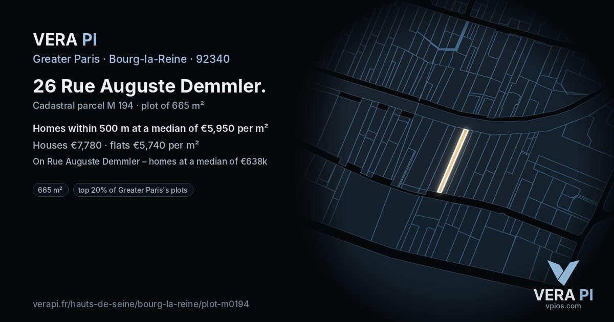 26 Rue Auguste Demmler, Bourg-la-Reine at night – the plot lit, the parcels around coloured by the prices near them