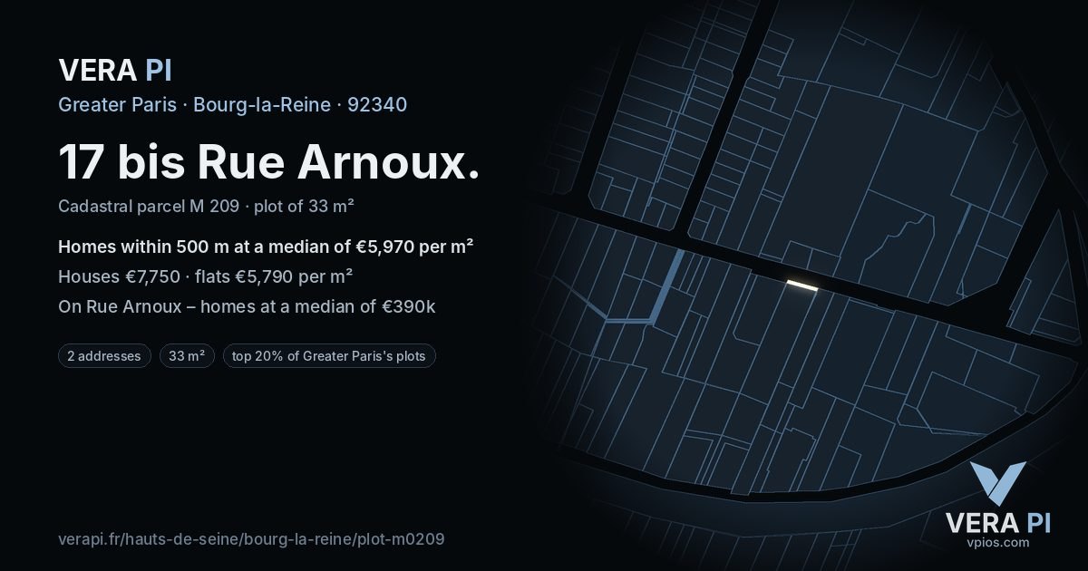 17 bis Rue Arnoux, Bourg-la-Reine at night – the plot lit, the parcels around coloured by the prices near them