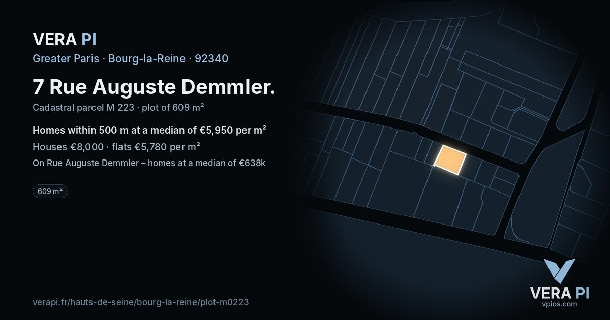 7 Rue Auguste Demmler, Bourg-la-Reine at night – the plot lit, the parcels around coloured by the prices near them