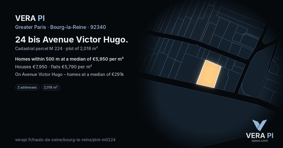 24 bis Avenue Victor Hugo, Bourg-la-Reine at night – the plot lit, the parcels around coloured by the prices near them