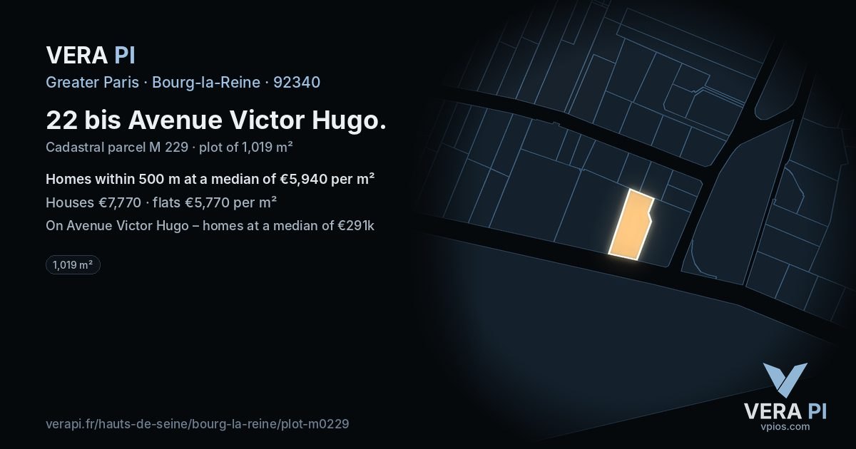 22 bis Avenue Victor Hugo, Bourg-la-Reine at night – the plot lit, the parcels around coloured by the prices near them