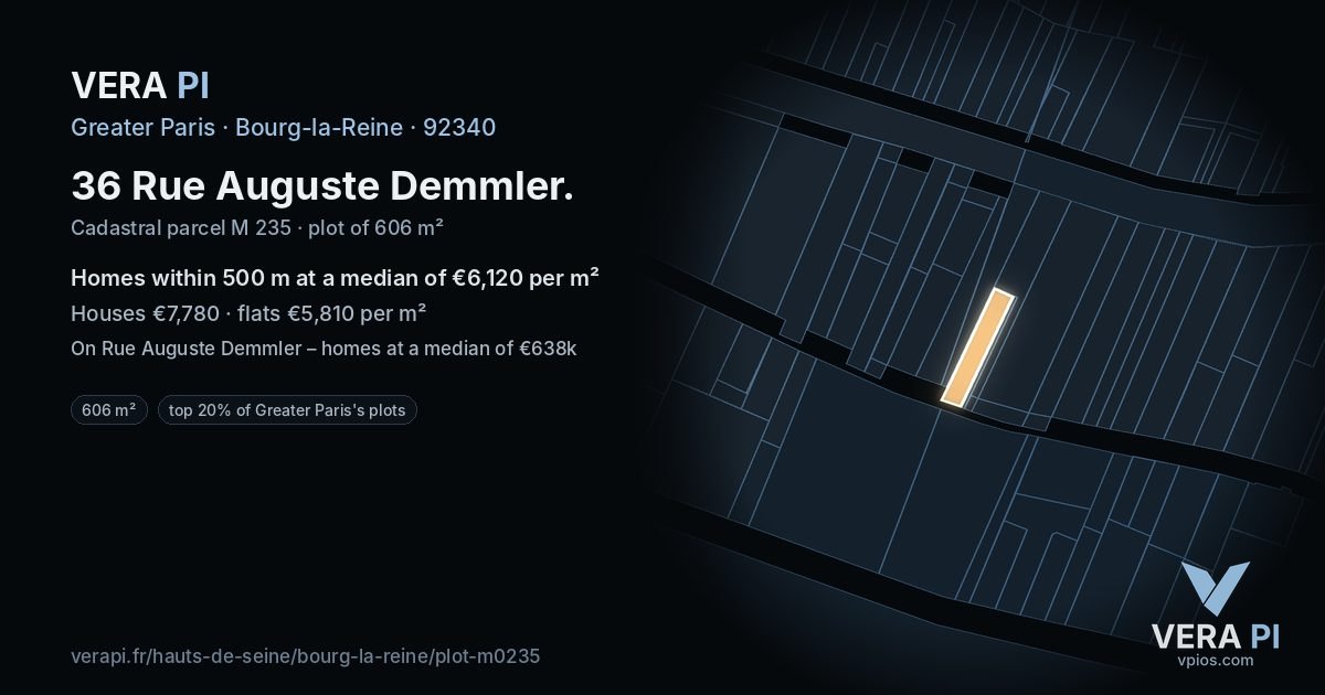 36 Rue Auguste Demmler, Bourg-la-Reine at night – the plot lit, the parcels around coloured by the prices near them