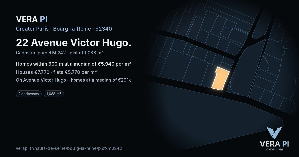 22 Avenue Victor Hugo, Bourg-la-Reine at night – the plot lit, the parcels around coloured by the prices near them
