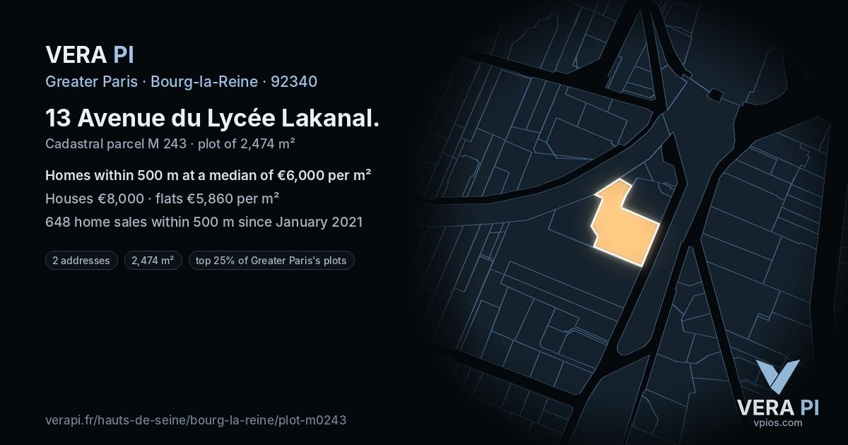 13 Avenue du Lycée Lakanal, Bourg-la-Reine at night – the plot lit, the parcels around coloured by the prices near them