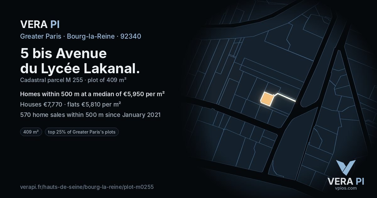 5 bis Avenue du Lycée Lakanal, Bourg-la-Reine at night – the plot lit, the parcels around coloured by the prices near them