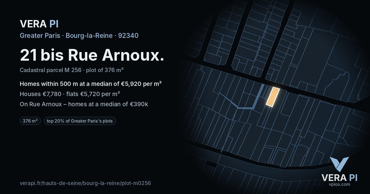 21 bis Rue Arnoux, Bourg-la-Reine at night – the plot lit, the parcels around coloured by the prices near them