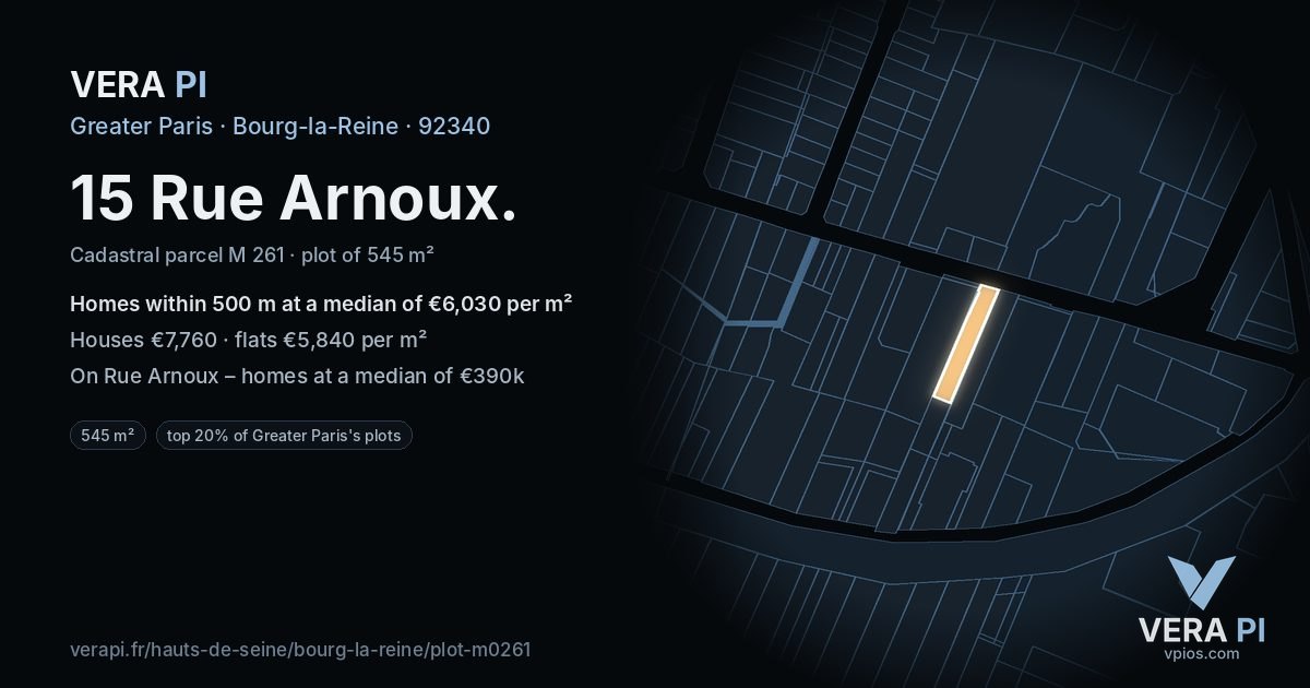 15 Rue Arnoux, Bourg-la-Reine at night – the plot lit, the parcels around coloured by the prices near them