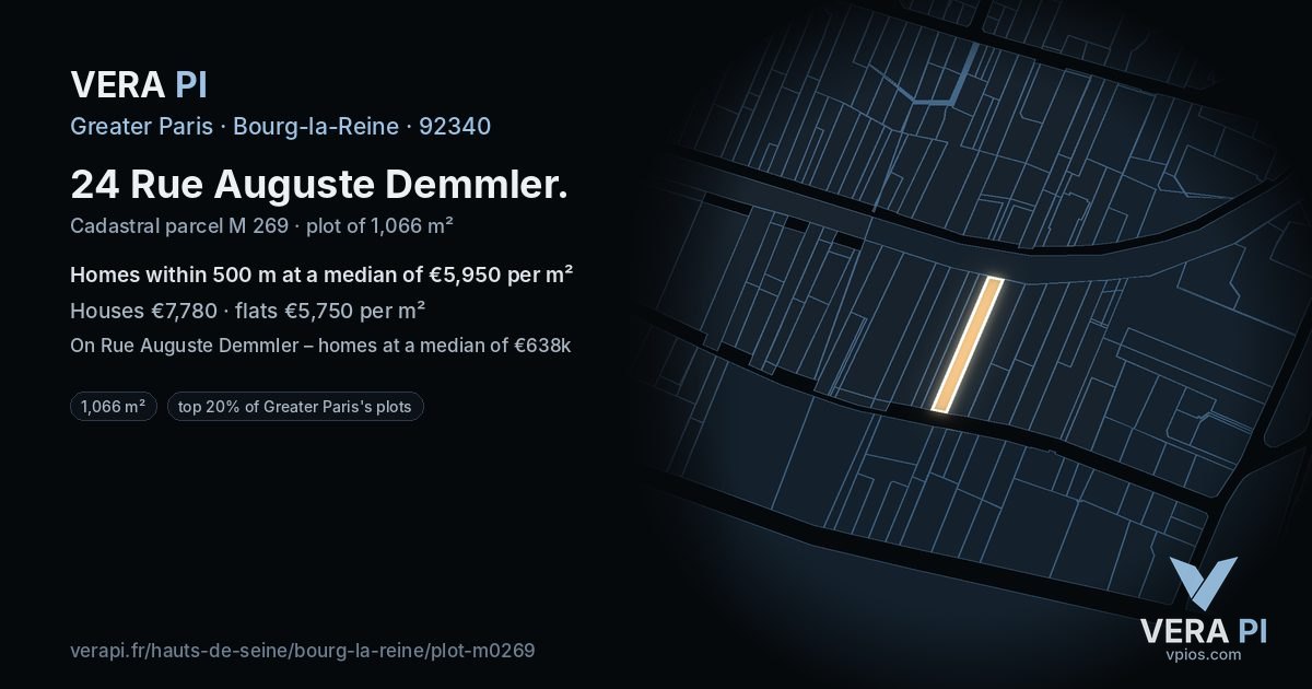 24 Rue Auguste Demmler, Bourg-la-Reine at night – the plot lit, the parcels around coloured by the prices near them