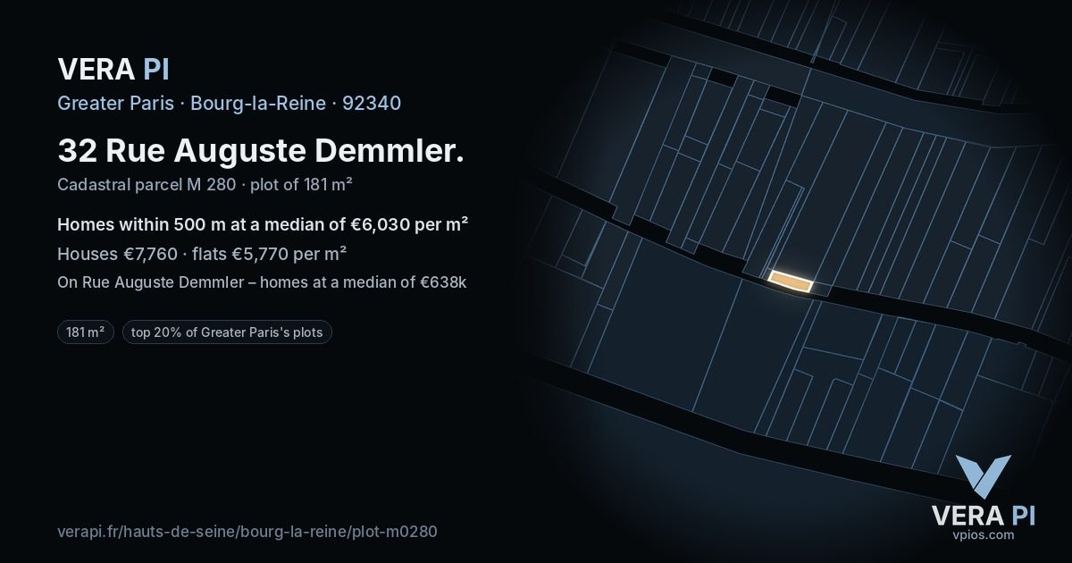 32 Rue Auguste Demmler, Bourg-la-Reine at night – the plot lit, the parcels around coloured by the prices near them