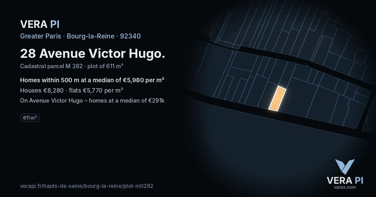 28 Avenue Victor Hugo, Bourg-la-Reine at night – the plot lit, the parcels around coloured by the prices near them