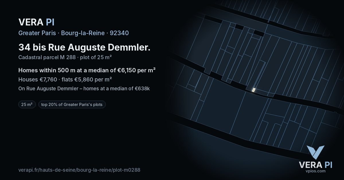 34 bis Rue Auguste Demmler, Bourg-la-Reine at night – the plot lit, the parcels around coloured by the prices near them