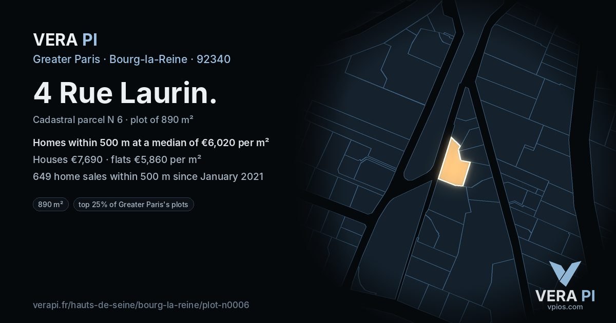 4 Rue Laurin, Bourg-la-Reine at night – the plot lit, the parcels around coloured by the prices near them