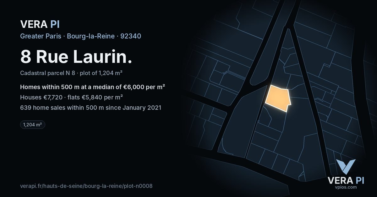 8 Rue Laurin, Bourg-la-Reine at night – the plot lit, the parcels around coloured by the prices near them