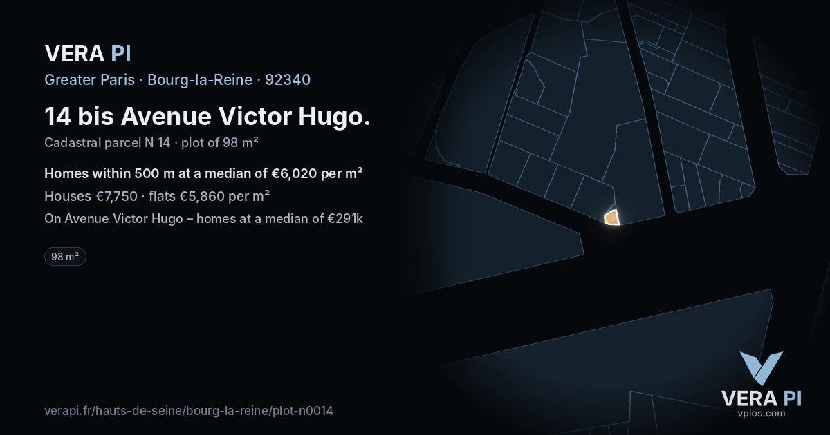 14 bis Avenue Victor Hugo, Bourg-la-Reine at night – the plot lit, the parcels around coloured by the prices near them