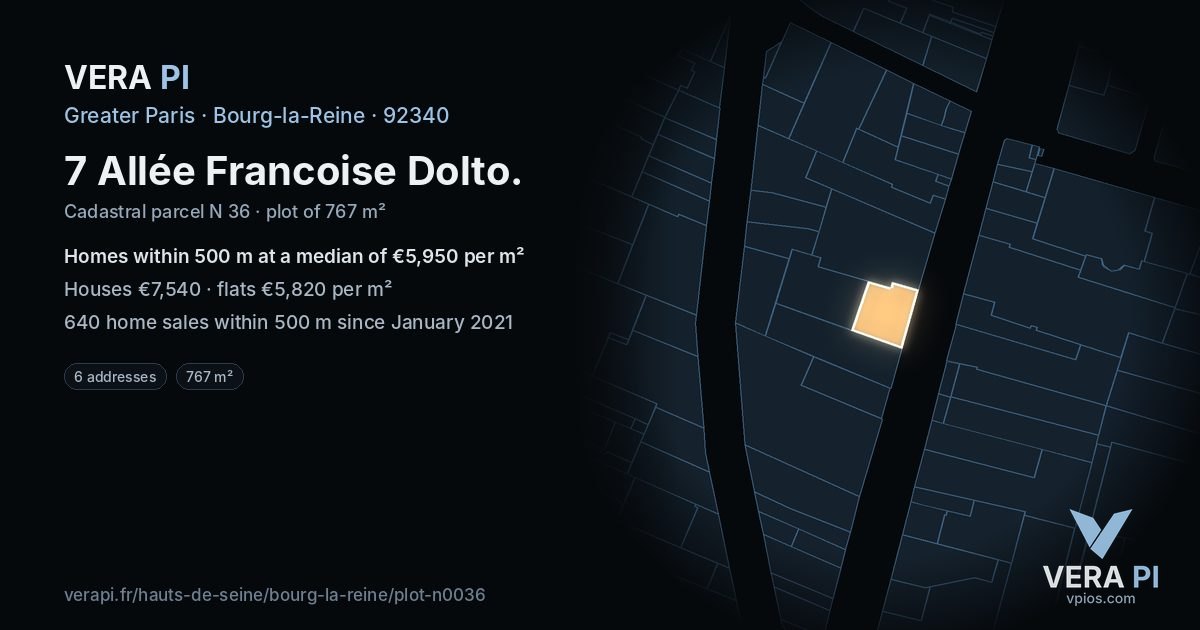 7 Allée Francoise Dolto, Bourg-la-Reine at night – the plot lit, the parcels around coloured by the prices near them
