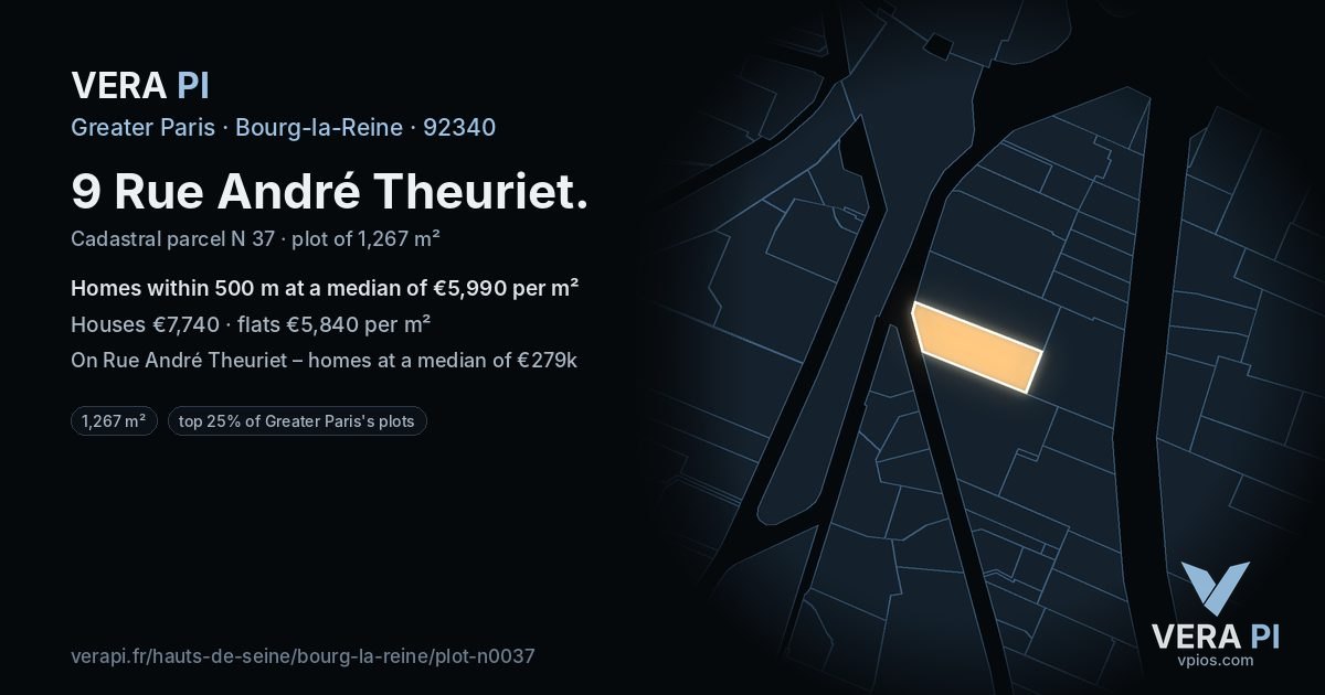 9 Rue André Theuriet, Bourg-la-Reine at night – the plot lit, the parcels around coloured by the prices near them