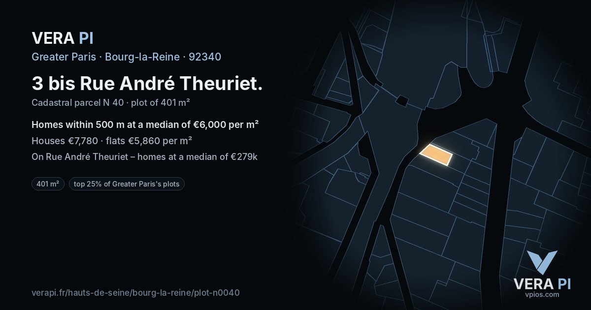 3 bis Rue André Theuriet, Bourg-la-Reine at night – the plot lit, the parcels around coloured by the prices near them