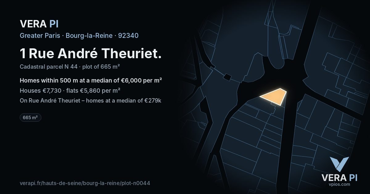 1 Rue André Theuriet, Bourg-la-Reine at night – the plot lit, the parcels around coloured by the prices near them