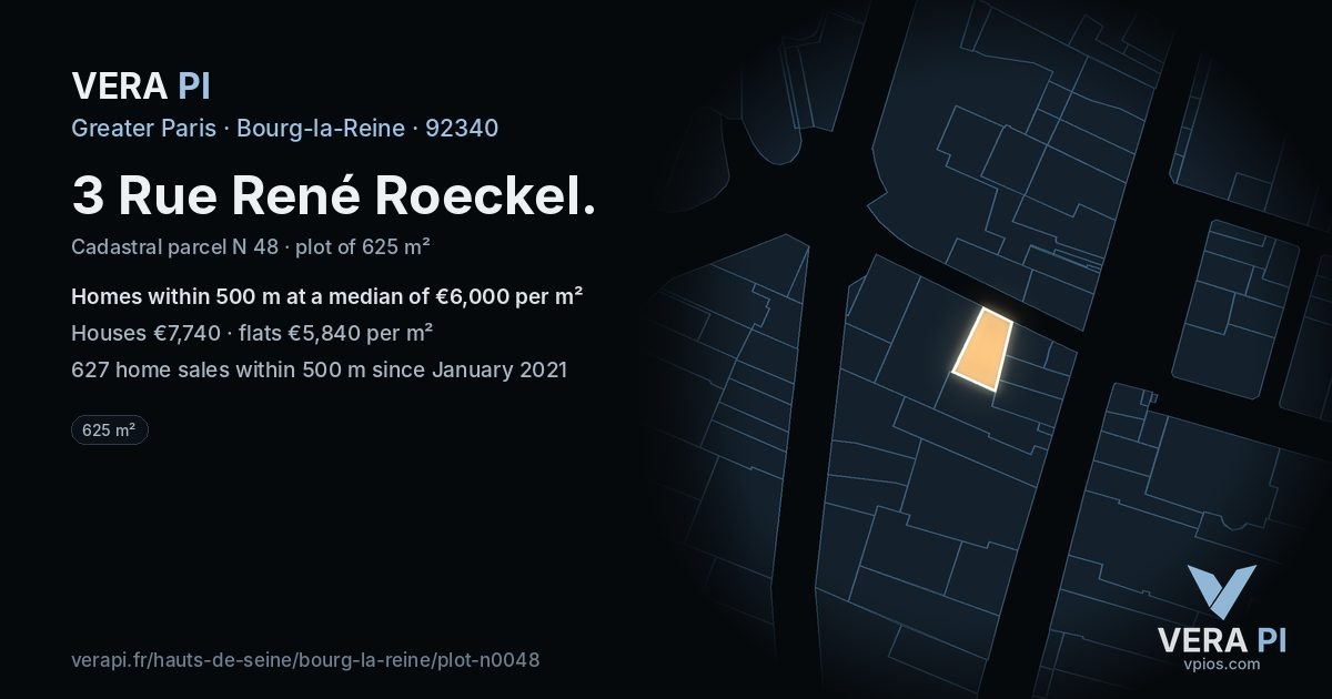 3 Rue René Roeckel, Bourg-la-Reine at night – the plot lit, the parcels around coloured by the prices near them
