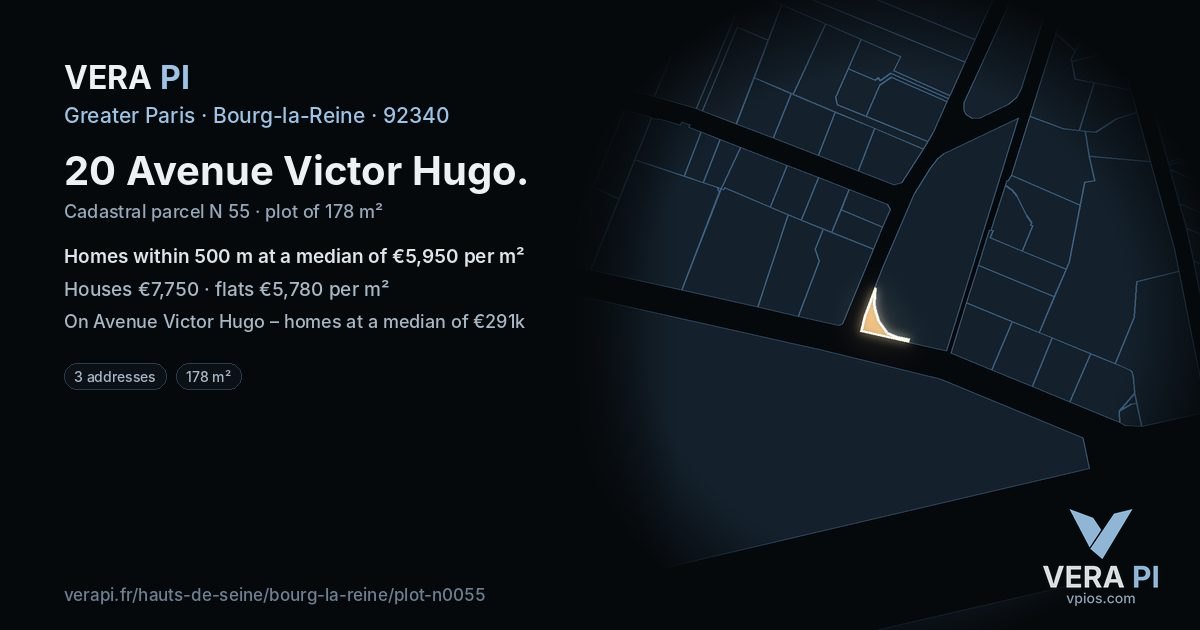 20 Avenue Victor Hugo, Bourg-la-Reine at night – the plot lit, the parcels around coloured by the prices near them