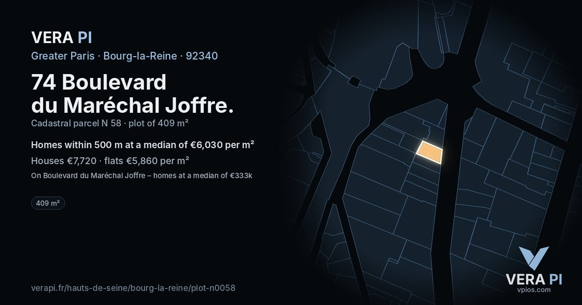 74 Boulevard du Maréchal Joffre, Bourg-la-Reine at night – the plot lit, the parcels around coloured by the prices near them