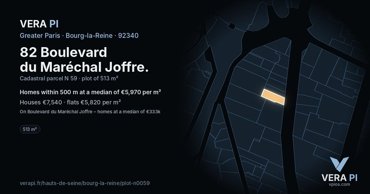 82 Boulevard du Maréchal Joffre, Bourg-la-Reine at night – the plot lit, the parcels around coloured by the prices near them