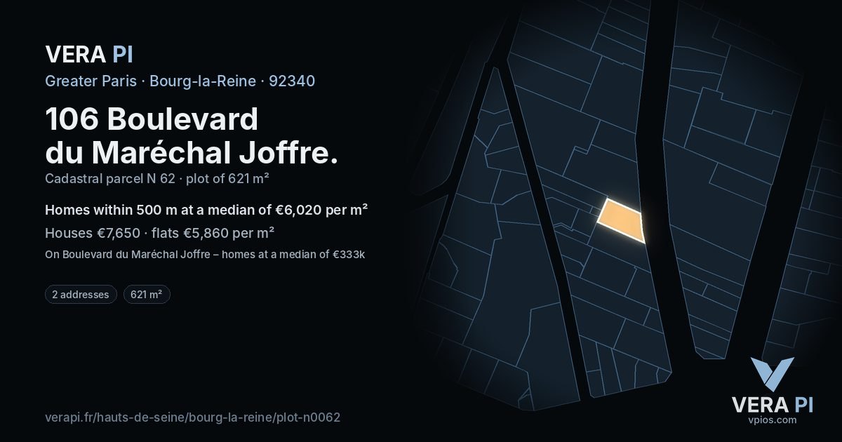 106 Boulevard du Maréchal Joffre, Bourg-la-Reine at night – the plot lit, the parcels around coloured by the prices near them