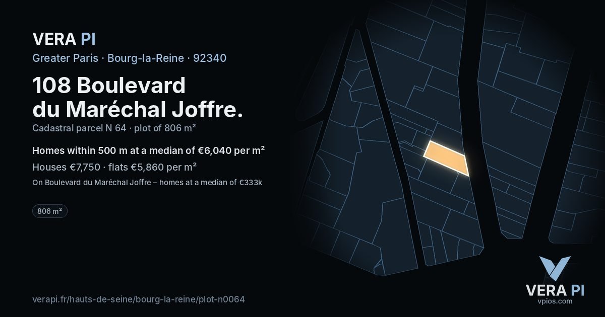 108 Boulevard du Maréchal Joffre, Bourg-la-Reine at night – the plot lit, the parcels around coloured by the prices near them