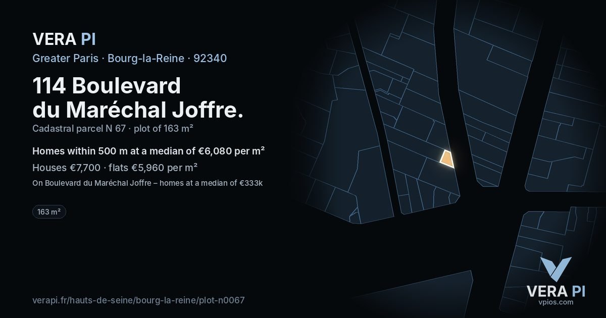 114 Boulevard du Maréchal Joffre, Bourg-la-Reine at night – the plot lit, the parcels around coloured by the prices near them