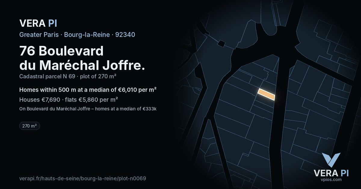 76 Boulevard du Maréchal Joffre, Bourg-la-Reine at night – the plot lit, the parcels around coloured by the prices near them