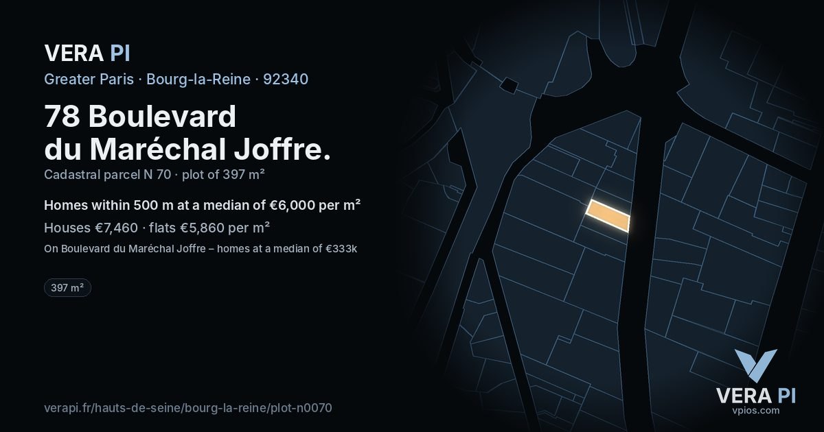78 Boulevard du Maréchal Joffre, Bourg-la-Reine at night – the plot lit, the parcels around coloured by the prices near them