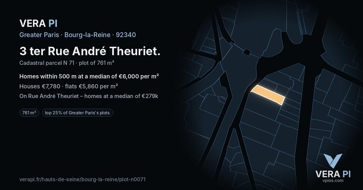 3 ter Rue André Theuriet, Bourg-la-Reine at night – the plot lit, the parcels around coloured by the prices near them
