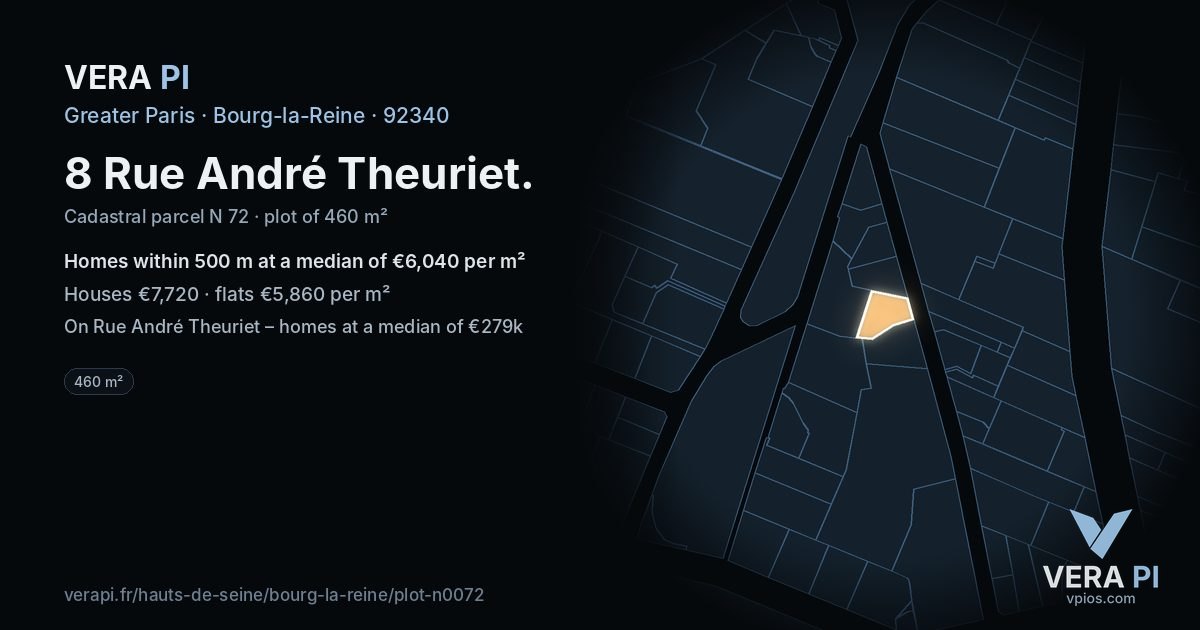 8 Rue André Theuriet, Bourg-la-Reine at night – the plot lit, the parcels around coloured by the prices near them