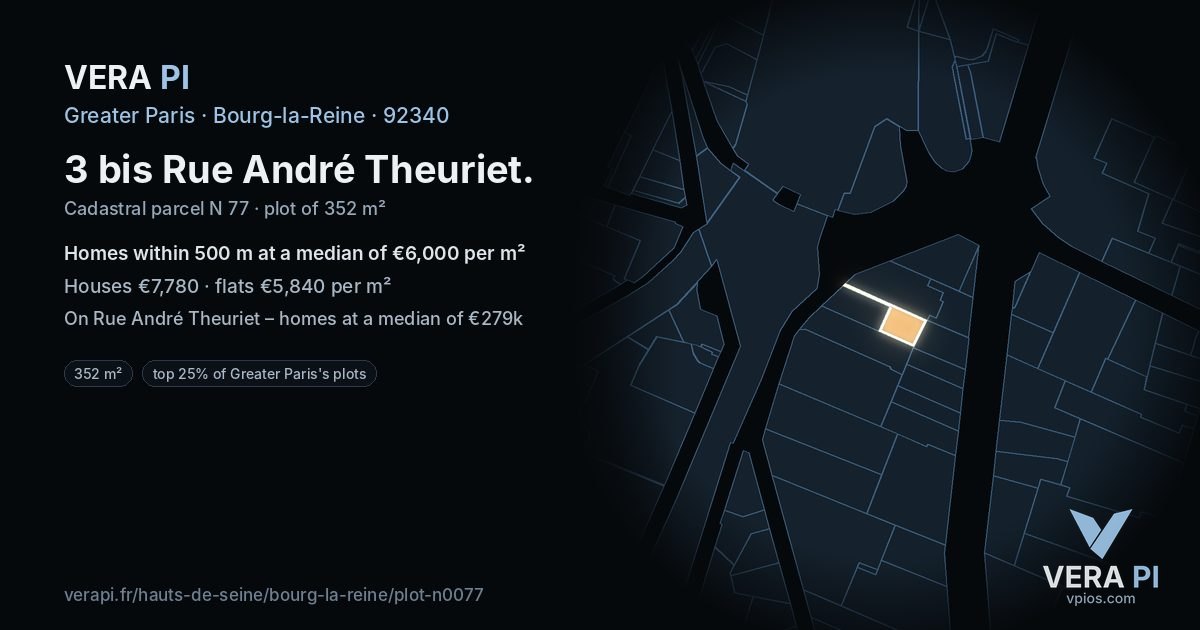3 bis Rue André Theuriet, Bourg-la-Reine at night – the plot lit, the parcels around coloured by the prices near them