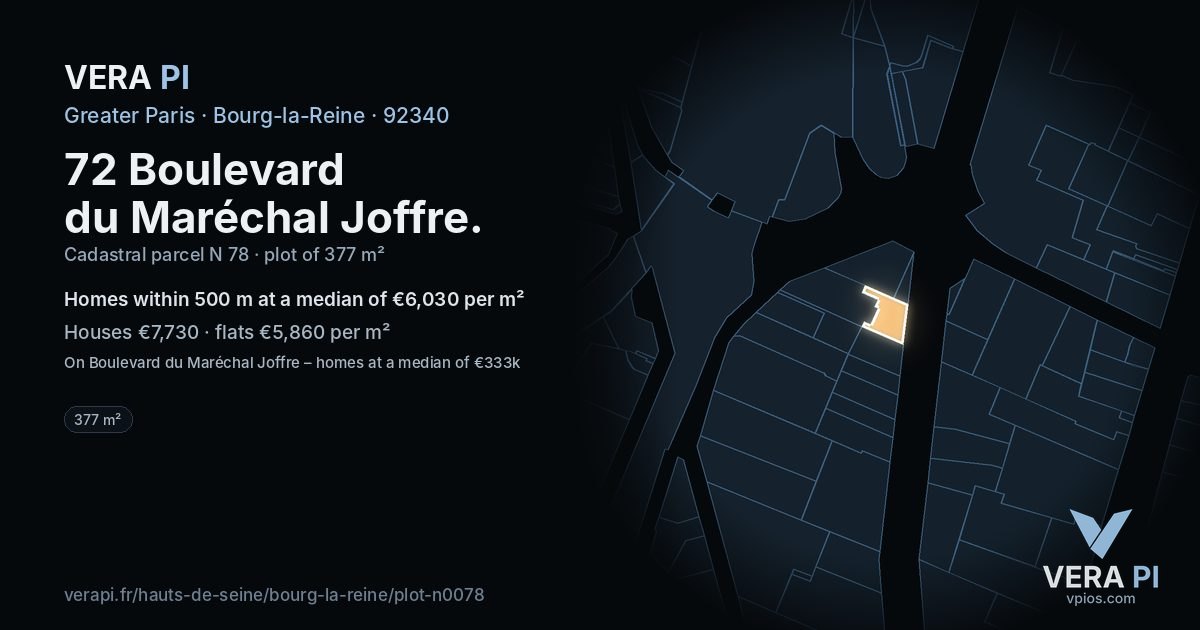 72 Boulevard du Maréchal Joffre, Bourg-la-Reine at night – the plot lit, the parcels around coloured by the prices near them