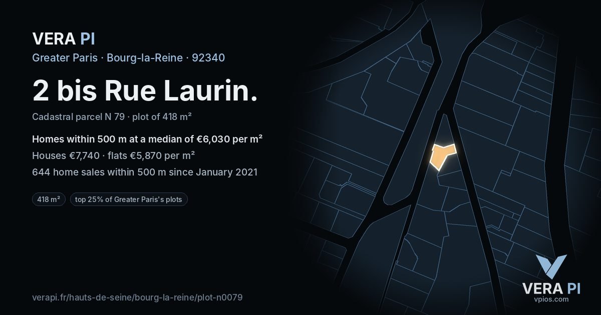 2 bis Rue Laurin, Bourg-la-Reine at night – the plot lit, the parcels around coloured by the prices near them
