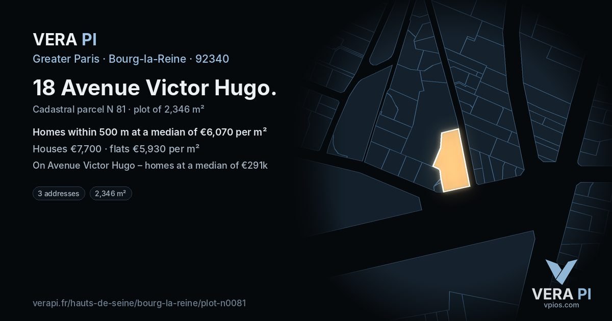 18 Avenue Victor Hugo, Bourg-la-Reine at night – the plot lit, the parcels around coloured by the prices near them