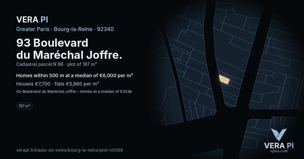 93 Boulevard du Maréchal Joffre, Bourg-la-Reine at night – the plot lit, the parcels around coloured by the prices near them