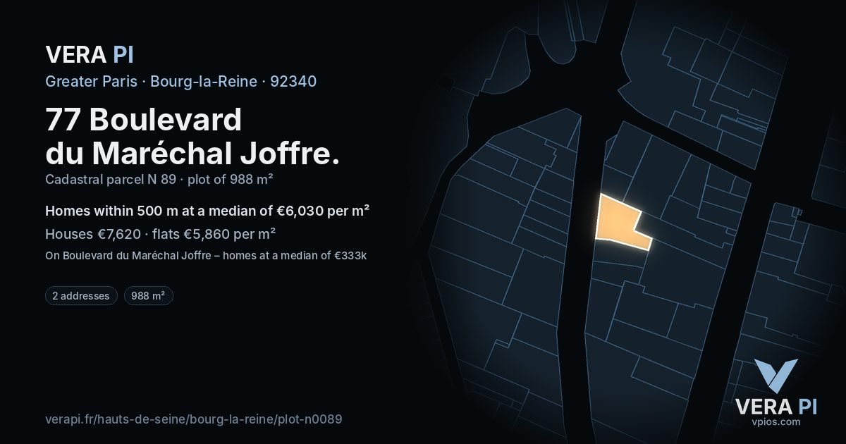 77 Boulevard du Maréchal Joffre, Bourg-la-Reine at night – the plot lit, the parcels around coloured by the prices near them