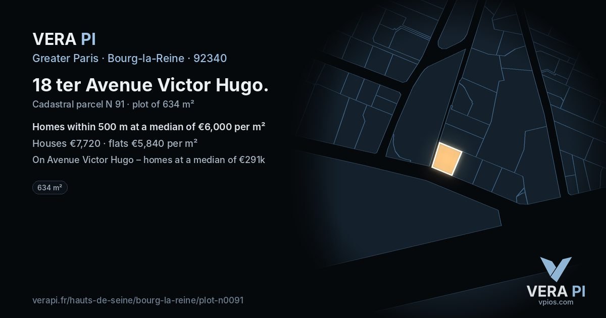 18 ter Avenue Victor Hugo, Bourg-la-Reine at night – the plot lit, the parcels around coloured by the prices near them
