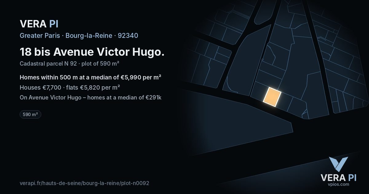 18 bis Avenue Victor Hugo, Bourg-la-Reine at night – the plot lit, the parcels around coloured by the prices near them