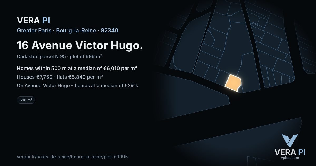 16 Avenue Victor Hugo, Bourg-la-Reine at night – the plot lit, the parcels around coloured by the prices near them