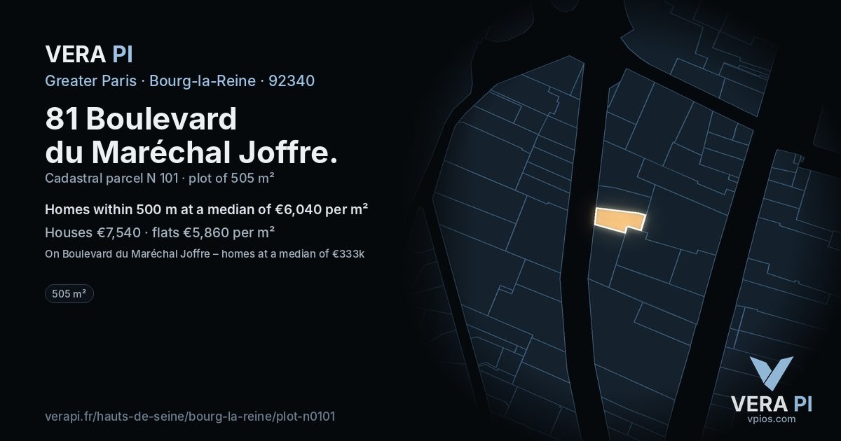 81 Boulevard du Maréchal Joffre, Bourg-la-Reine at night – the plot lit, the parcels around coloured by the prices near them