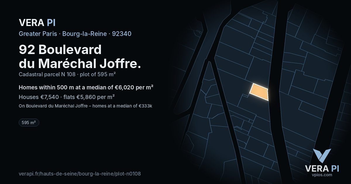 92 Boulevard du Maréchal Joffre, Bourg-la-Reine at night – the plot lit, the parcels around coloured by the prices near them