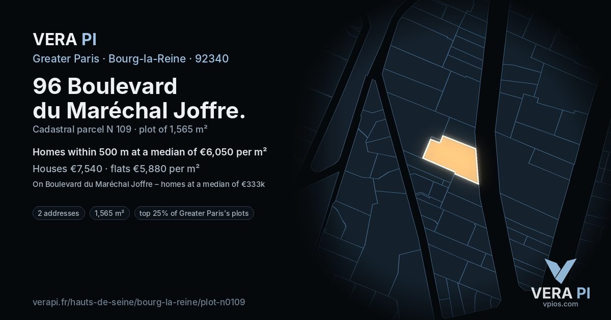 96 Boulevard du Maréchal Joffre, Bourg-la-Reine at night – the plot lit, the parcels around coloured by the prices near them