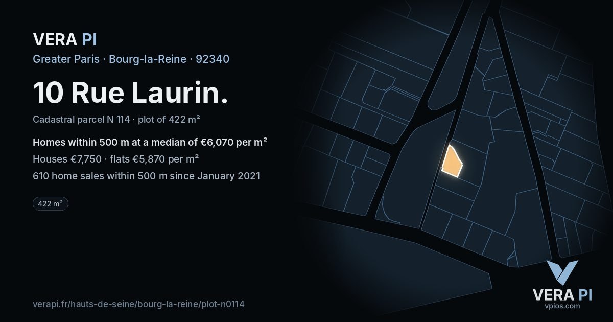 10 Rue Laurin, Bourg-la-Reine at night – the plot lit, the parcels around coloured by the prices near them