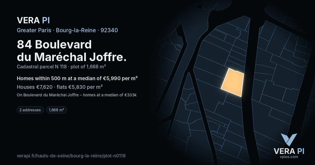 84 Boulevard du Maréchal Joffre, Bourg-la-Reine at night – the plot lit, the parcels around coloured by the prices near them