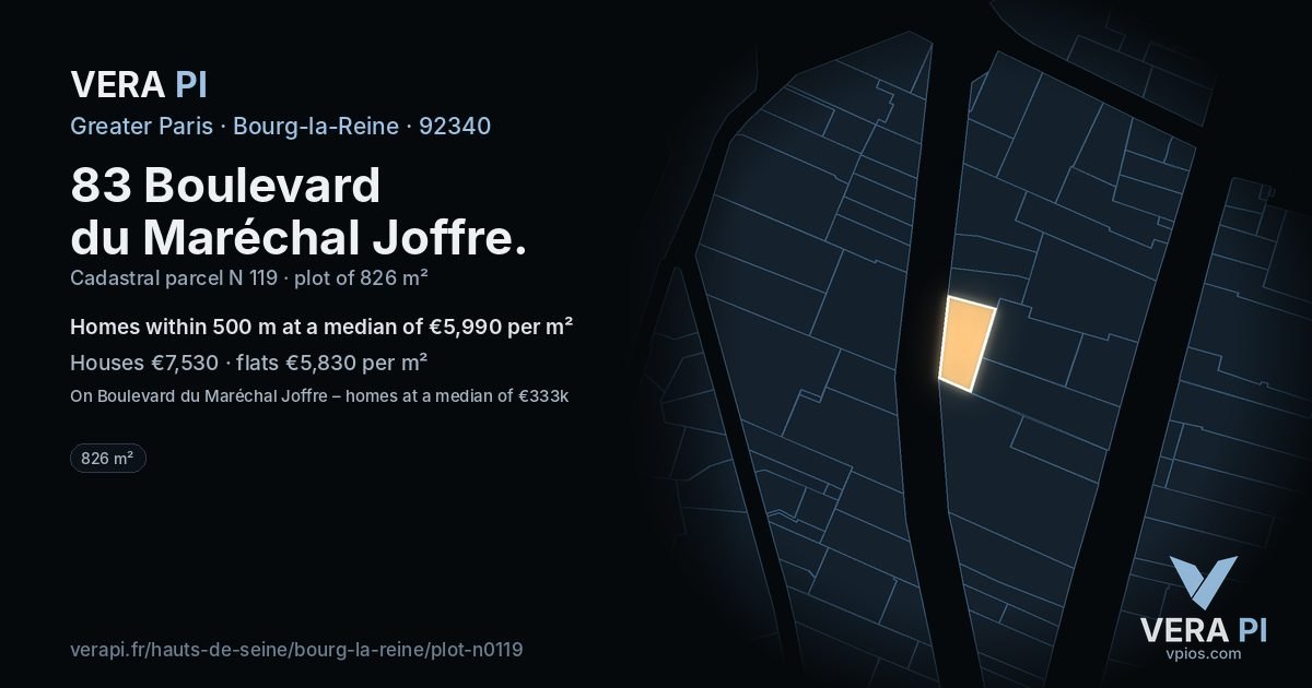 83 Boulevard du Maréchal Joffre, Bourg-la-Reine at night – the plot lit, the parcels around coloured by the prices near them
