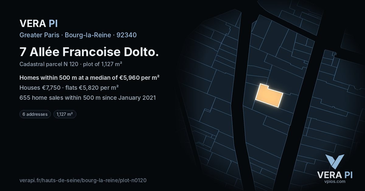 7 Allée Francoise Dolto, Bourg-la-Reine at night – the plot lit, the parcels around coloured by the prices near them